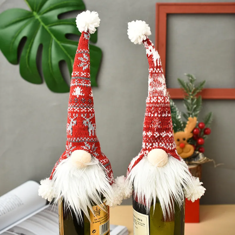 4PCS Faceless Knitted Old Man Wine Bottle Set Figurine Christmas Decoration Wine Cap Wine Bottle Gift Window Decoration