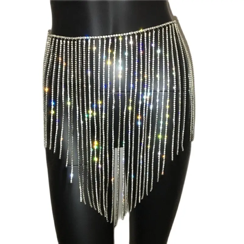 FestivalQueen Full Rhinestone Tassel Mini Skirts for Women Y2k Glitter Rave Clubwear Party Shiny Body Chain Jewelry Skirt Access