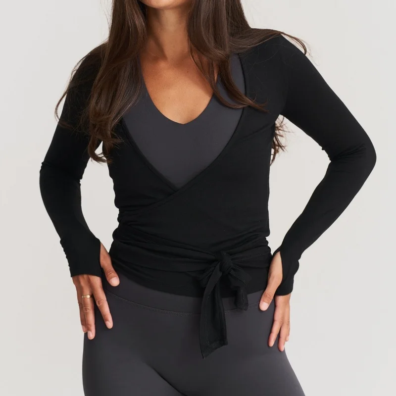 Y2k الباليه بيلاتيس التفاف الأعلى للنساء تجريب اليوغا الرقص طويلة الأكمام التفاف قميص سليم التعادل الجبهة الخروج المحاصيل القمم #4