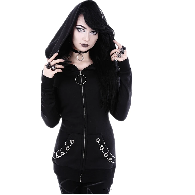 XUANSHOW 2024 Women Hoodies Gothic Punk Iron Ring Sweatshirts Autumn Winter Long Sleeve Zip-up Black Jacket Zipper Ladies Coat