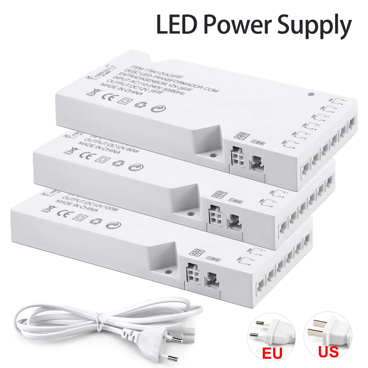 LED Cabinet Light Strip Power Supply 18W/24W/36W/60W/100W Transformer AC110-250V to DC12V Driver with DuPont Port for Lighting