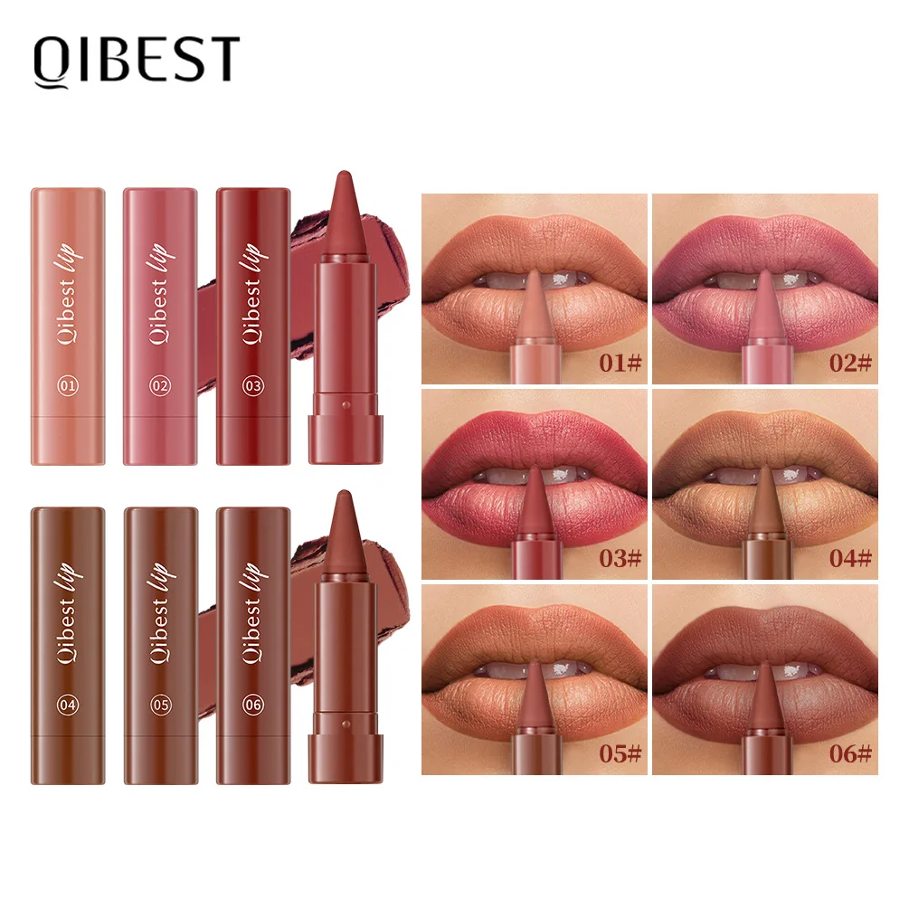 6ps QIBEST Rotatable Matte Lip Liner Pen, Long Lasting Easy To Apply, Natural Waterproof Lip Contour Makeup Cosmetics
