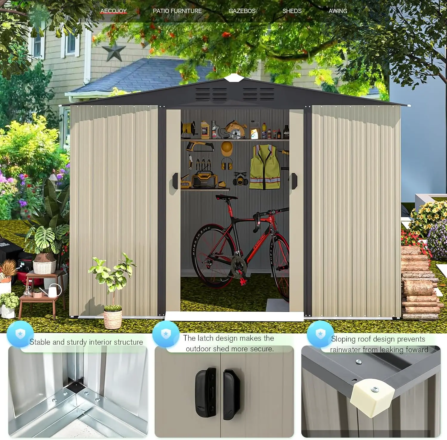 

8 x 6 Ft Shed, Outdoor Storage Tool Shed (Sliding Door), Metal Garden Shed for Yard, Outdoor Storage Clearance in Grey