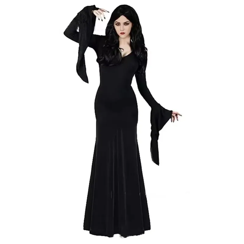 Party Sexy Dress Morticia Addam Halloween Witch Evil Costume Women Black Gothic Wednesday Vampire Horror Outfit For Adult