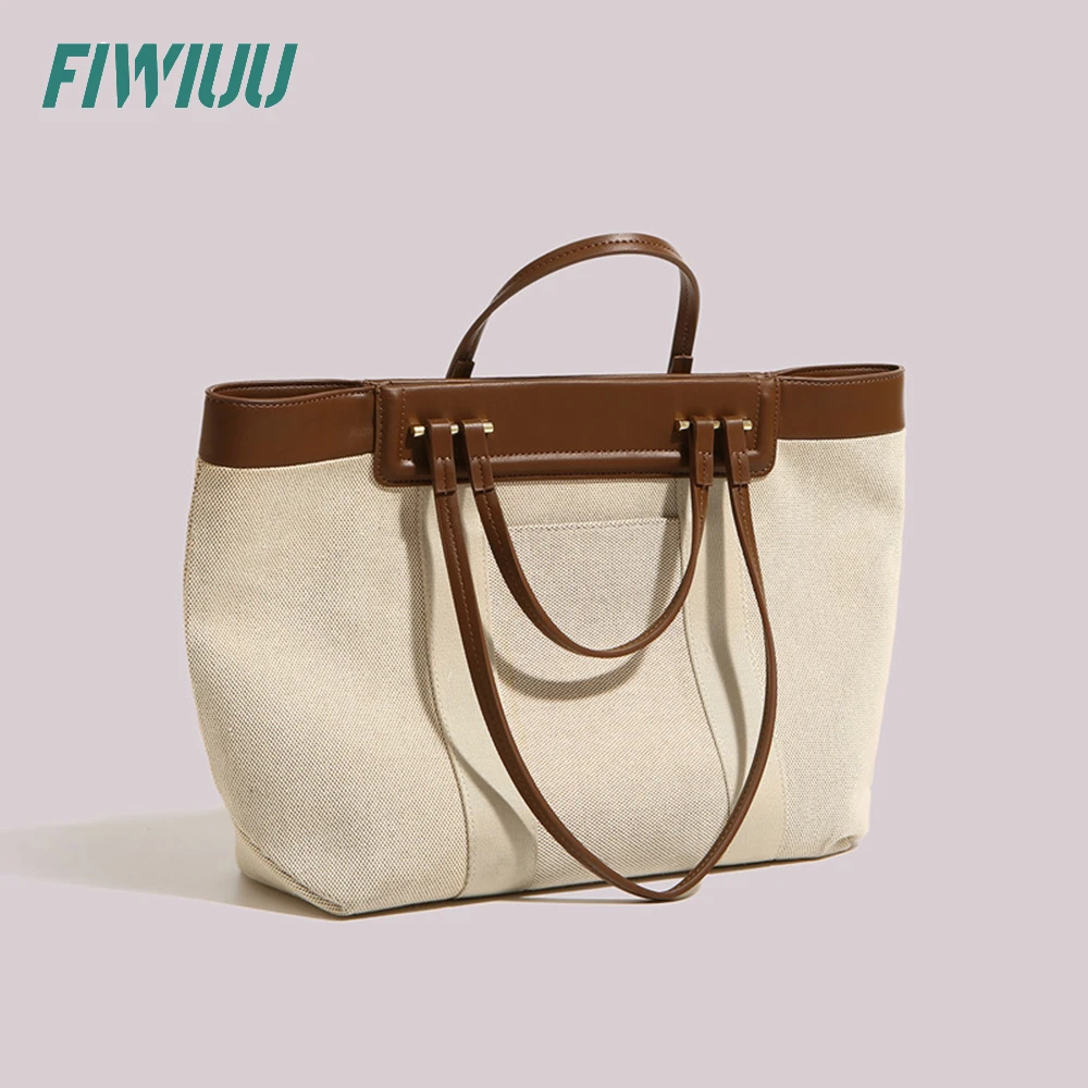 FIWIUU Women Handbags Canvas Shoulder Bags Large Capacity Shopper Simple Tote Bag Patchwork OL Style