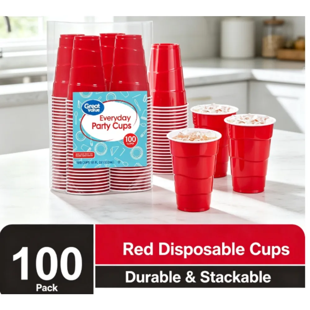 Great Value Everyday Single-Use Plastic Party Mugs, Red, 18 oz, 100pcs