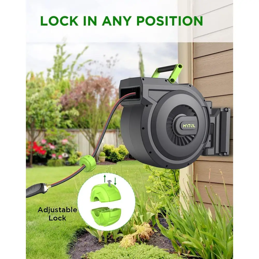 100ft Retractable Garden Hose Reel Wall Mount ระบบล็อคกลับช้าอัตโนมัติ