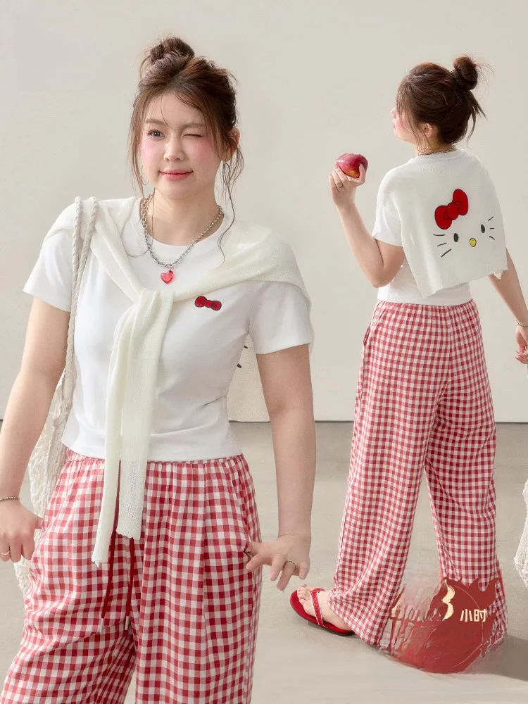 

Летняя одежда для похудения, женская одежда больших размеров, ленивый Sle, возрастная футболка ort Sve, комплект широких брюк в клетку