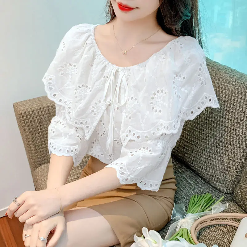 Women Ruffles Hollow Lace Embroidery Blouses Summer Trendy Lace Up Chic Sweet Shirts Solid 3/4 Sleeve Tops Blusa Mujer Moda 2023