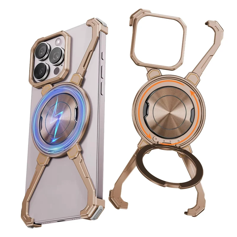 

Metal Frameless Magnetic Magsafe Phone Case For iPhone 13 14 15 16 Pro Max 360° Rotating Bracket Wireless Charging Bumper Cover