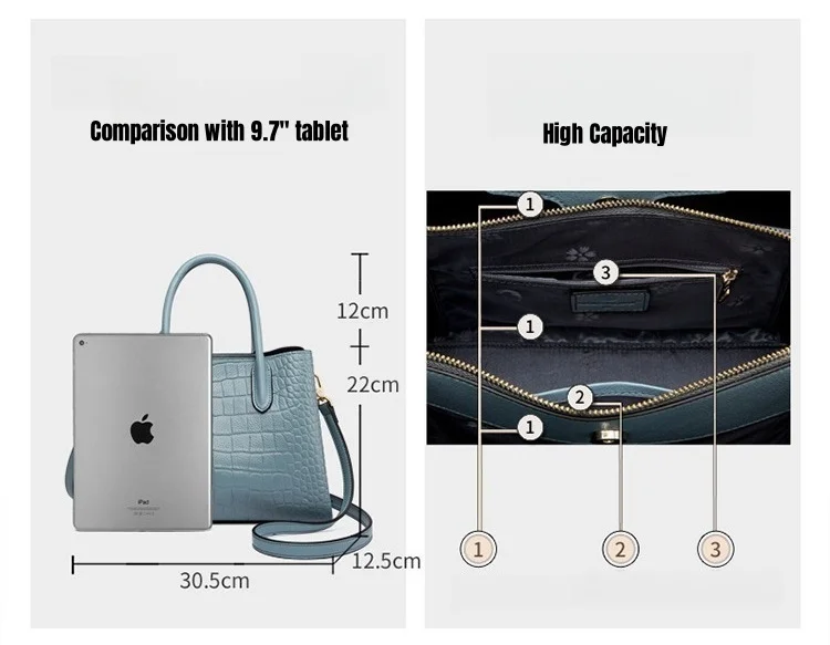 Cowhide Leather Handbag Women Large Capacity Ladies Bag Fashion Atmosphere Crossbody Commuter Soft Wearable Crocodile Pattern