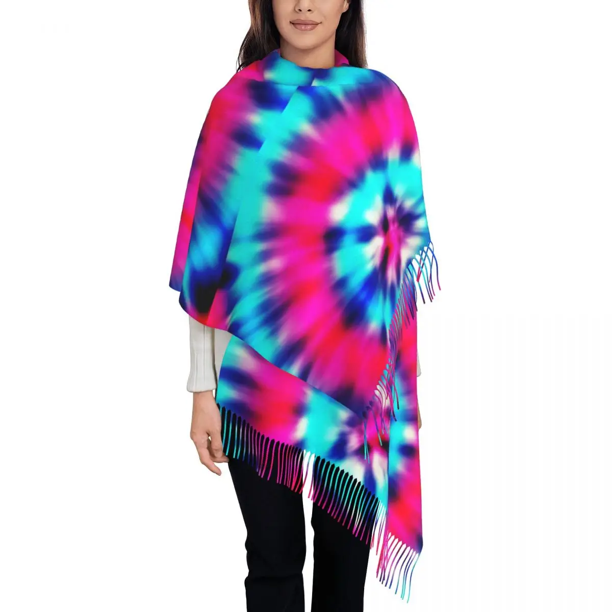 

Psychedelic Tie Dye Scarf Color Swirl Warm Shawls and Wraps withTassel Ladies Popular Headwear Scarves Winter New Design Bufanda