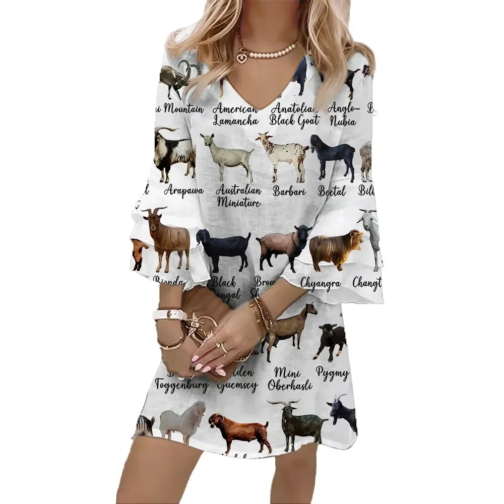 

Jumeast Goat 3D Printed Women's Casual Dress V-Neck Flared Sleeve Animal Pattern Elegant Tropical Style Skirt for Women