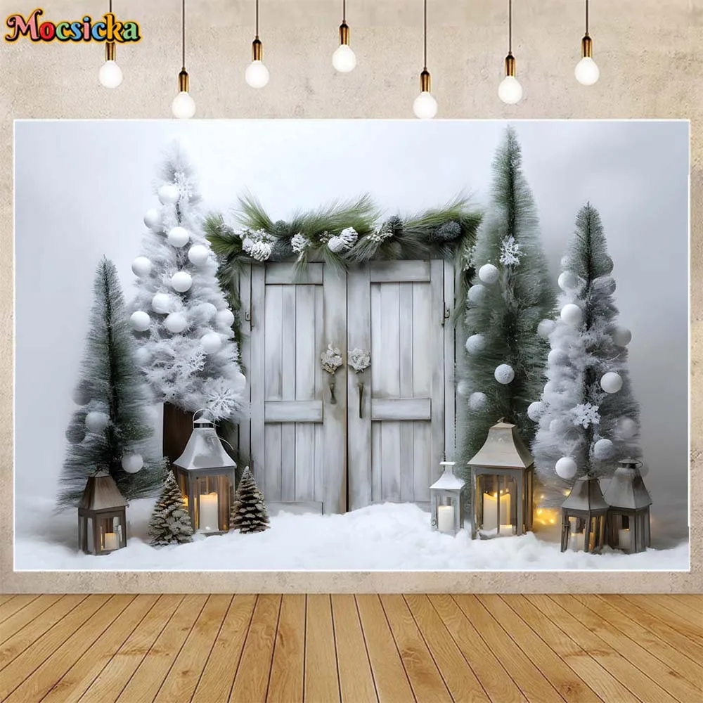 Mocsicka White Christmas Tree Photo Background Grey Wood Door Snowfield Newborn Photography Props Winter Kids Photocall Backdrop