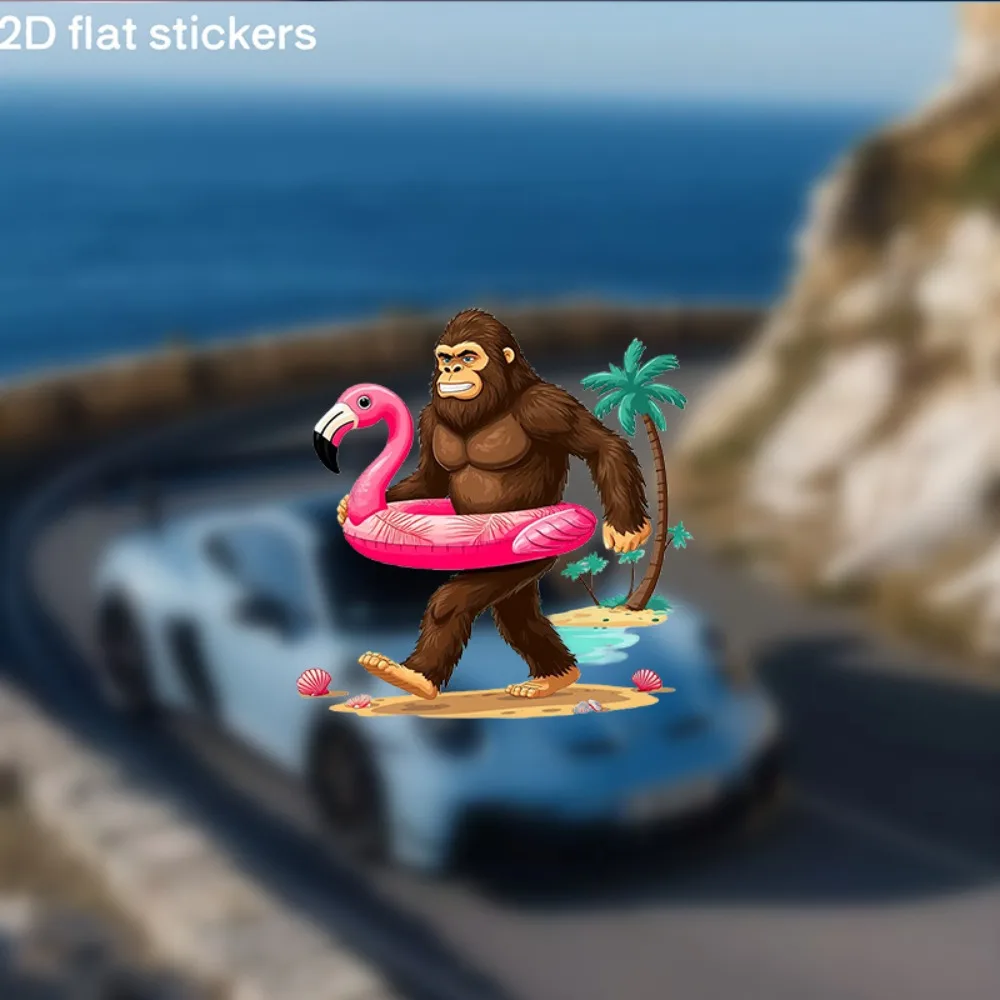 Funny Gorilla & Flamingo Float Cartoon Sticker Glossy Self Adhesive Plastic Decal with Sparkling Anime Design Vibrant Colors