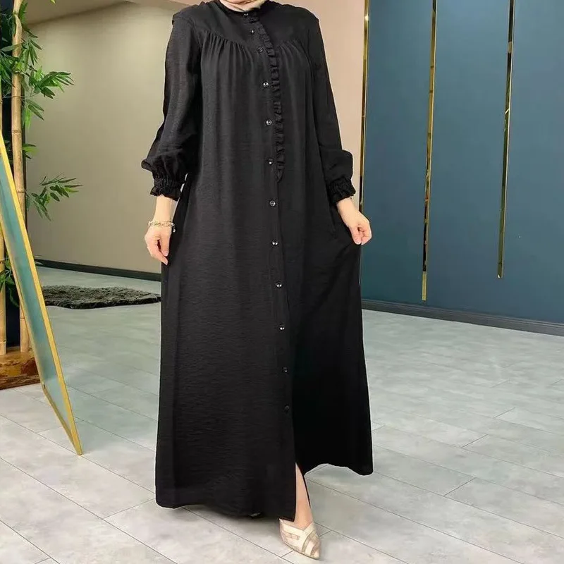 Ramadam Open Abayas For Women Evening Party Dress Morocco Robe Solid Color Puff Sleeve Pockets Clothing Kaftan Summer Winter