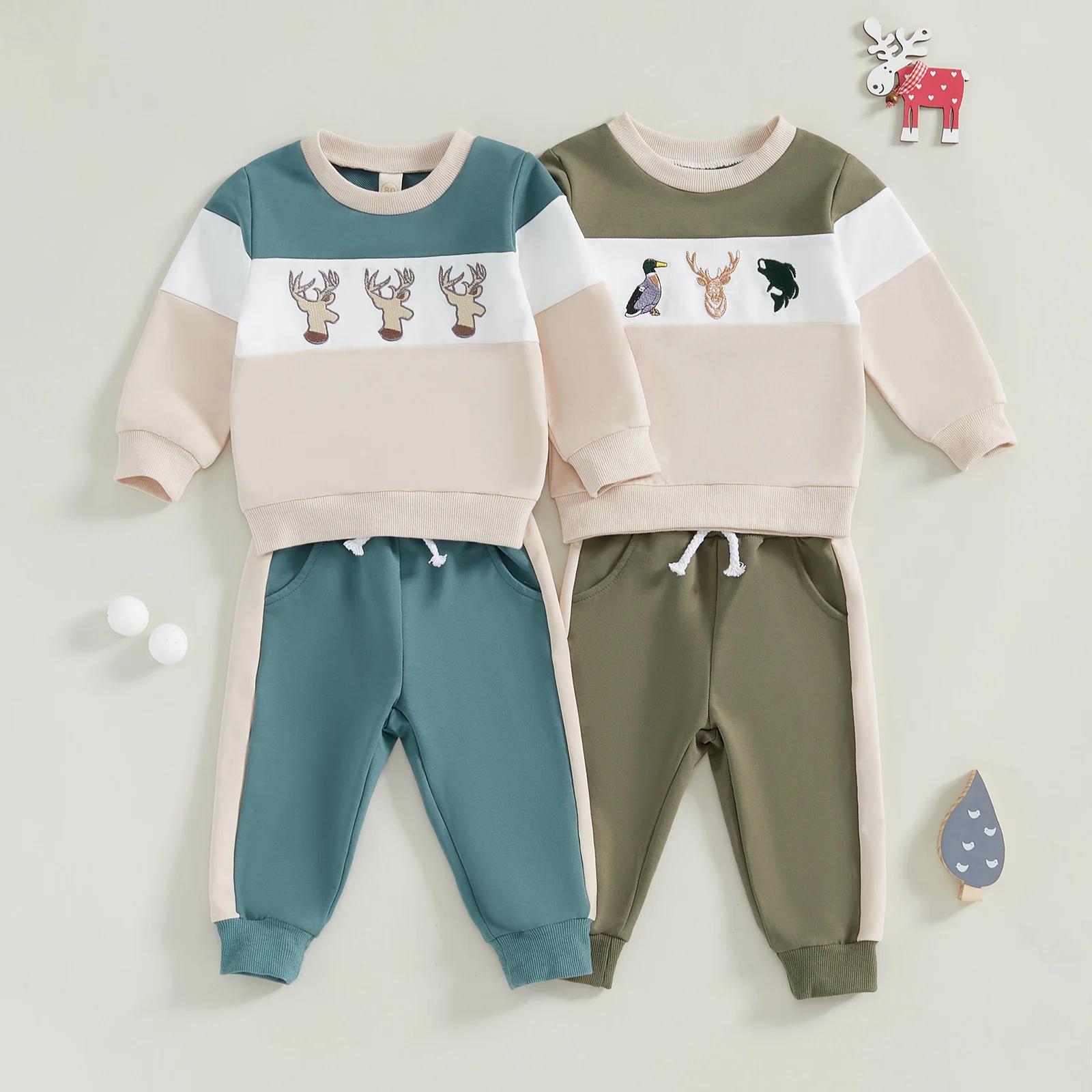 Cute Boy Christmas Sets Reindeer Embroidery Long Sleeve Sweatshirt Pocket Long Pants Contrast Color Outfits Boys Clothes