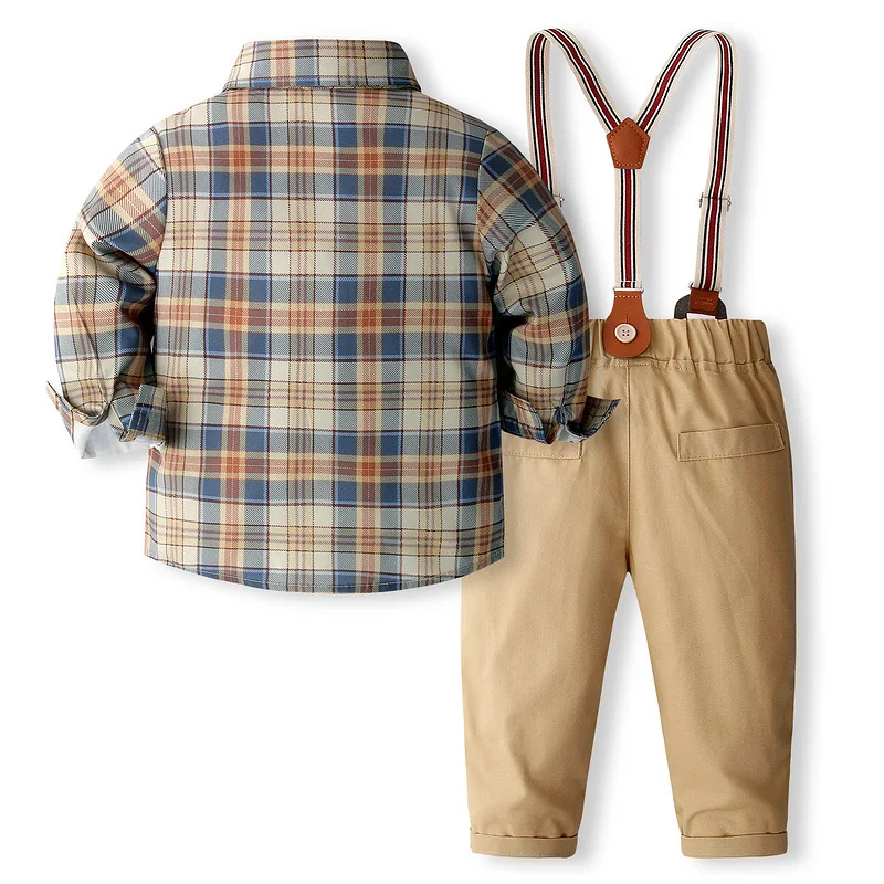 4Piece Spring Autumn Boys Clothing Korean Fashion Plaid Gentleman Tie Long Sleeve Baby Tops+Pants Kids' Sets And Outfits B360