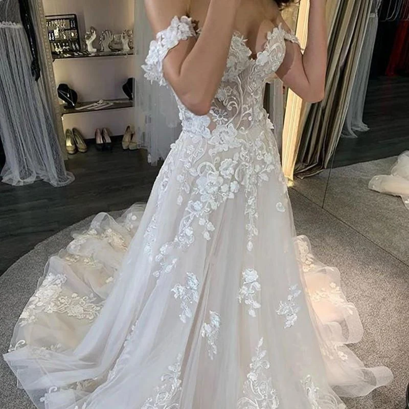 Vestido de noche de boda de línea a con cordones para mujer, apliques de tul de escote Corazón, hombros blancos elegantes, largo hasta el suelo