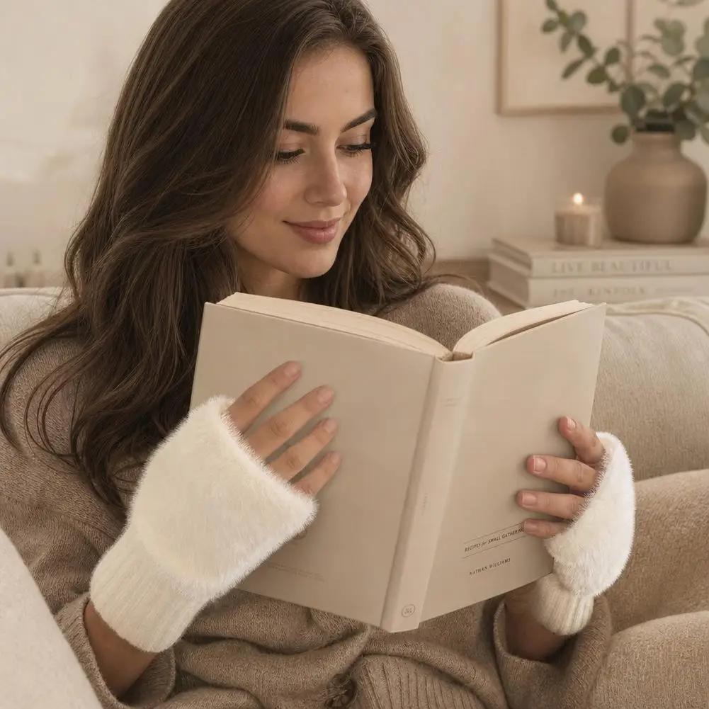 1Pair Fingerless Plush Gloves Warm and Cold-proof Plush Knitted Half-finger Gloves for Women in Autumn and Winter