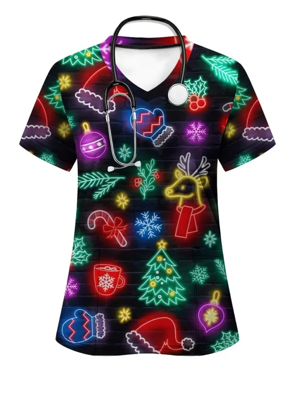 Uniforme de gommage pour femme, imprimé élémentaire de noël, gommage de soins de santé, mode avec poches, uniforme d'infirmière à manches courtes, hauts pour femmes, nouvelle collection