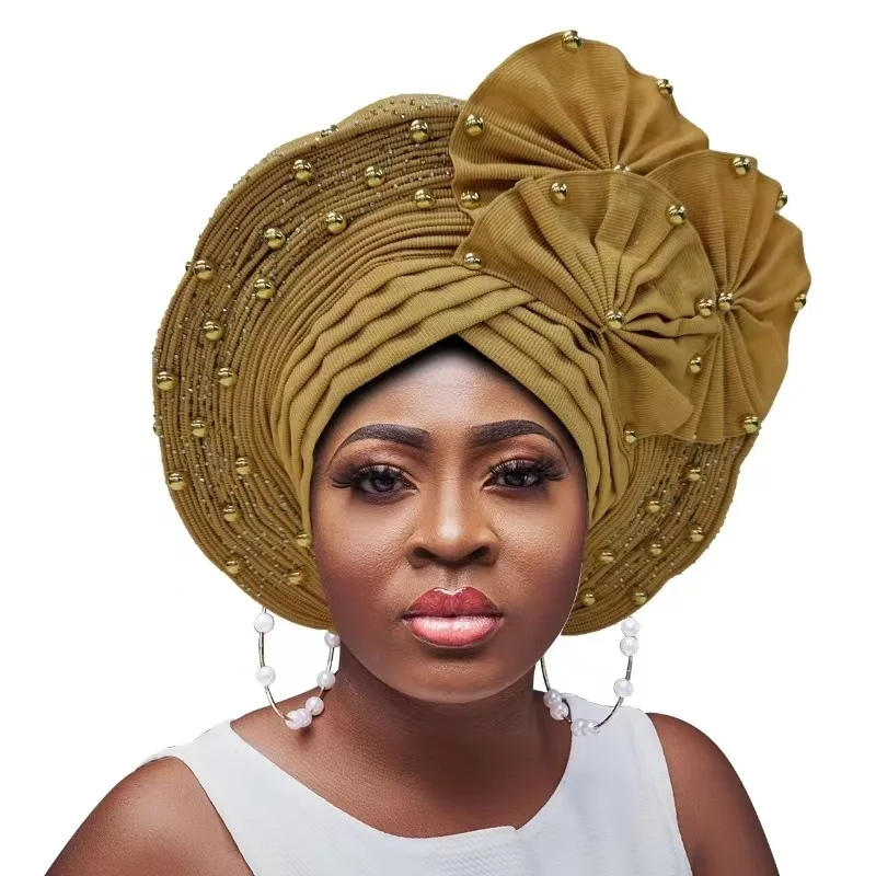 Luxury African Auto Gele Headtie Aso Oke Nigeria Beading Wedding Headgear Muslim Turban Cap Bonnet Women Headscarf Already Made