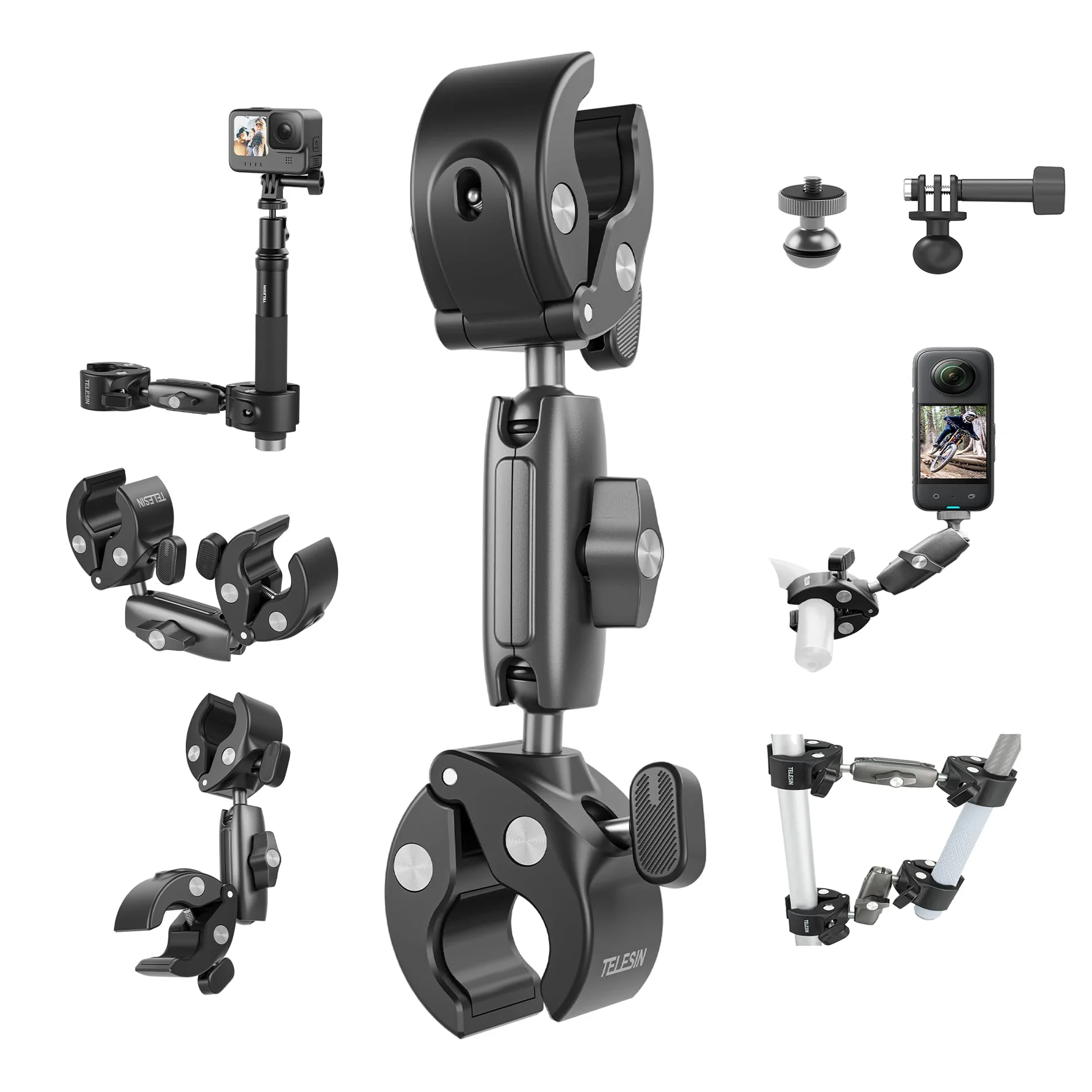 TELESIN 360° Dual Ball Clamp Mount Bicycle Motorcycle Handlebar Selfie Stick Holder Accessories for GoPro 12 11 10 Insta360 DJI