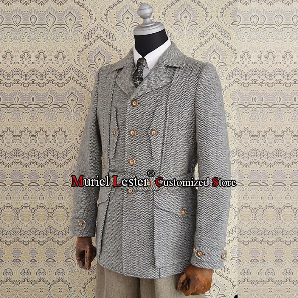 Grey Herringbone Men\'s Suit Jackets Regular Single Breasted Blazer Custom Made Nothced Lapel Coat Wedding Tuxedo Last Design