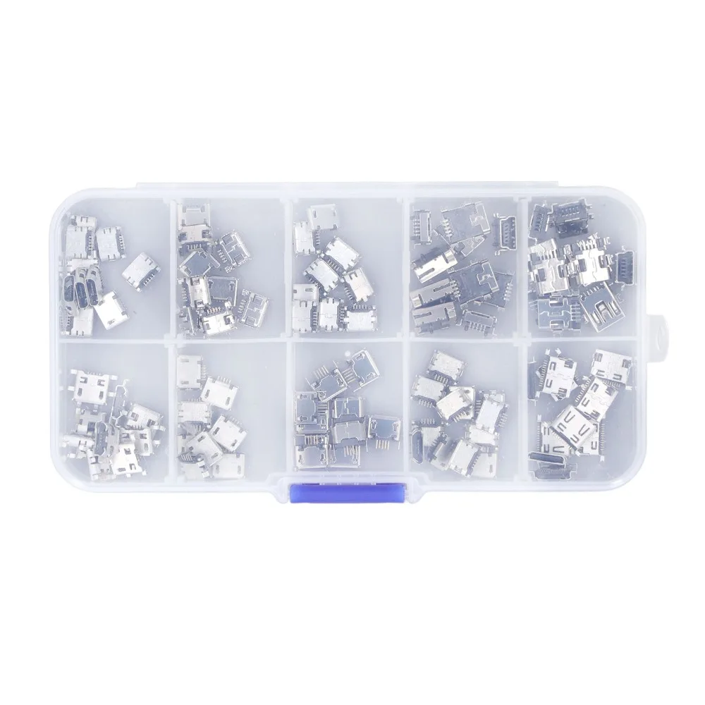 100Pcs Female Plug Micro USB Connector 10 Types MINI USB Jack Connector Plated Jack with Storage Box Micro USB Sockets Security