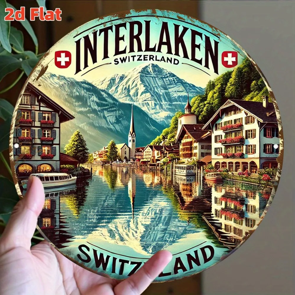 

2D Flat,Interlaken Switzerland Alpine Memorial Badge/EuropeanTown Collection Display,Suitable for Study, Home and Room HomeSpace