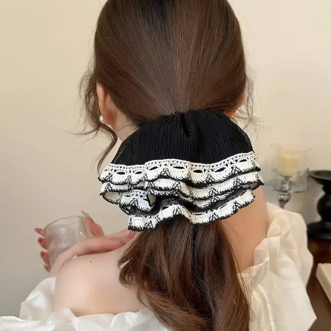 الرجعية الفرنسية نمط التجاعيد الدانتيل شبكة كبيرة Scrunchies رومانسية لطيف منخفضة ذيل حصان الشعر حبل المرأة الجزء الخلفي من رئيس كعكة الشعر التعادل