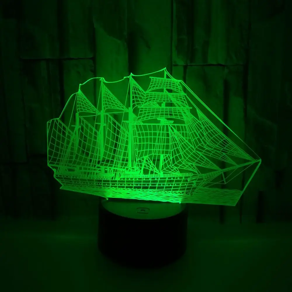 Retro Ancient Sailing Sea Boat Ship LED Lamp Chinese Style 7 Color Changing 3D Illusion Night Light USB Home Decor Kids Gift