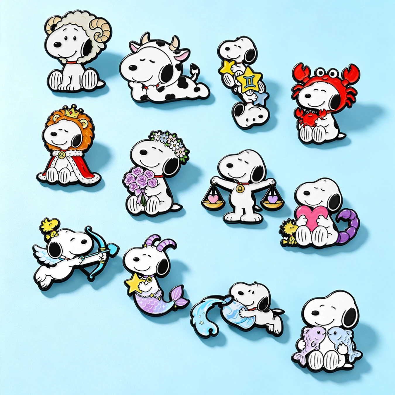 12Pcs Full Set 12 Star Sign Cartoon Dog Badge Set, Creative Constellation Metal Brooches for Collection & Gift