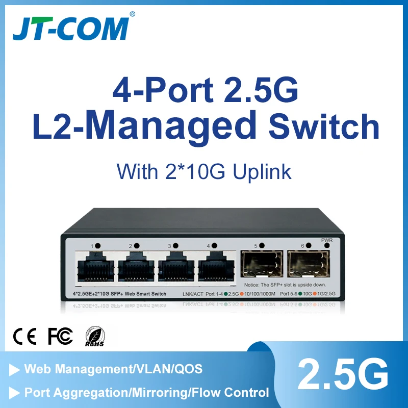 JT-COM-MINI 6-port intelligent switch, 2 * 10G SFP+L2-2.5Gbps web device, hosted switch, 6 L2 ports, 2.5Gbps