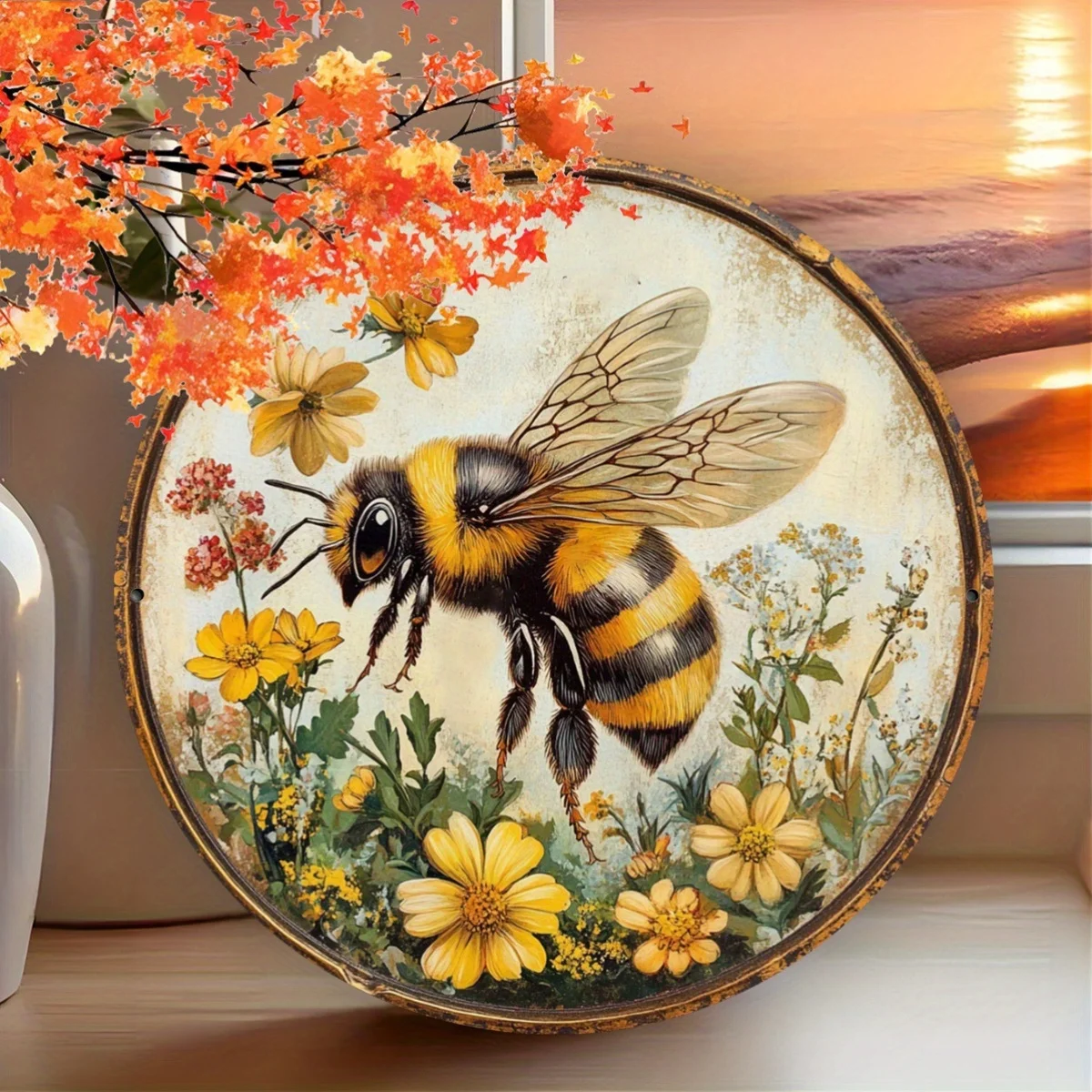 1pc Vintage Round Bee and Flowers Aluminum Wall Art, 8 Inch Metal Sign for Home and Garden Decor, Rustic Honey Wreath Hanging De