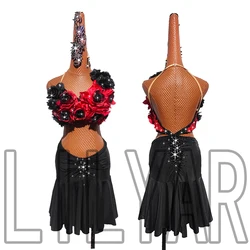 New Latin Dance Competition Performance Black And Red Three-Dimensional Flower Waist Flash Diamond Skirt Fashion Dance Dress