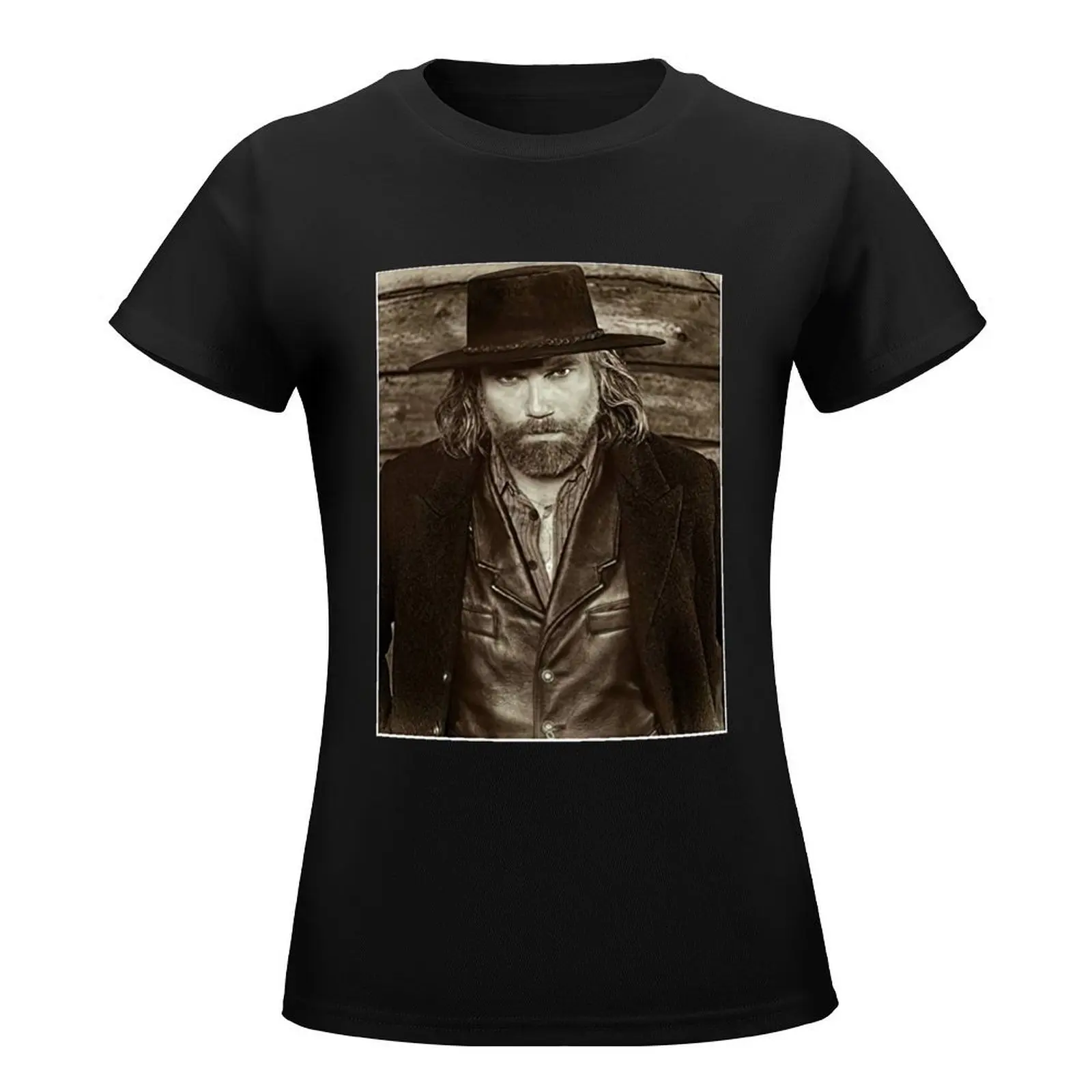 Anson Mount as Cullen Bohannon in Hell on Wheels Against Wood Wall T-Shirt korean fashion t-shirt dress for Women graphic