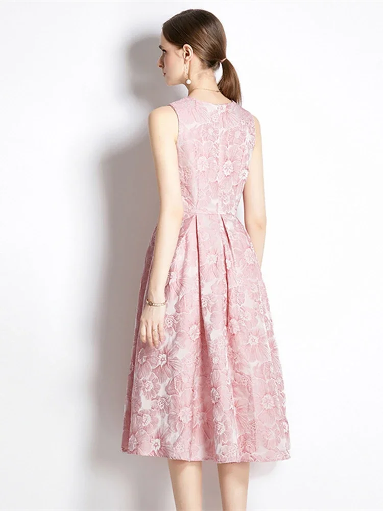 New Jacquard Elegant Dress High Waist Bubble A-Line Temperament Vest Sleeveless O Neck Flower Evening Party Midi Vestidos