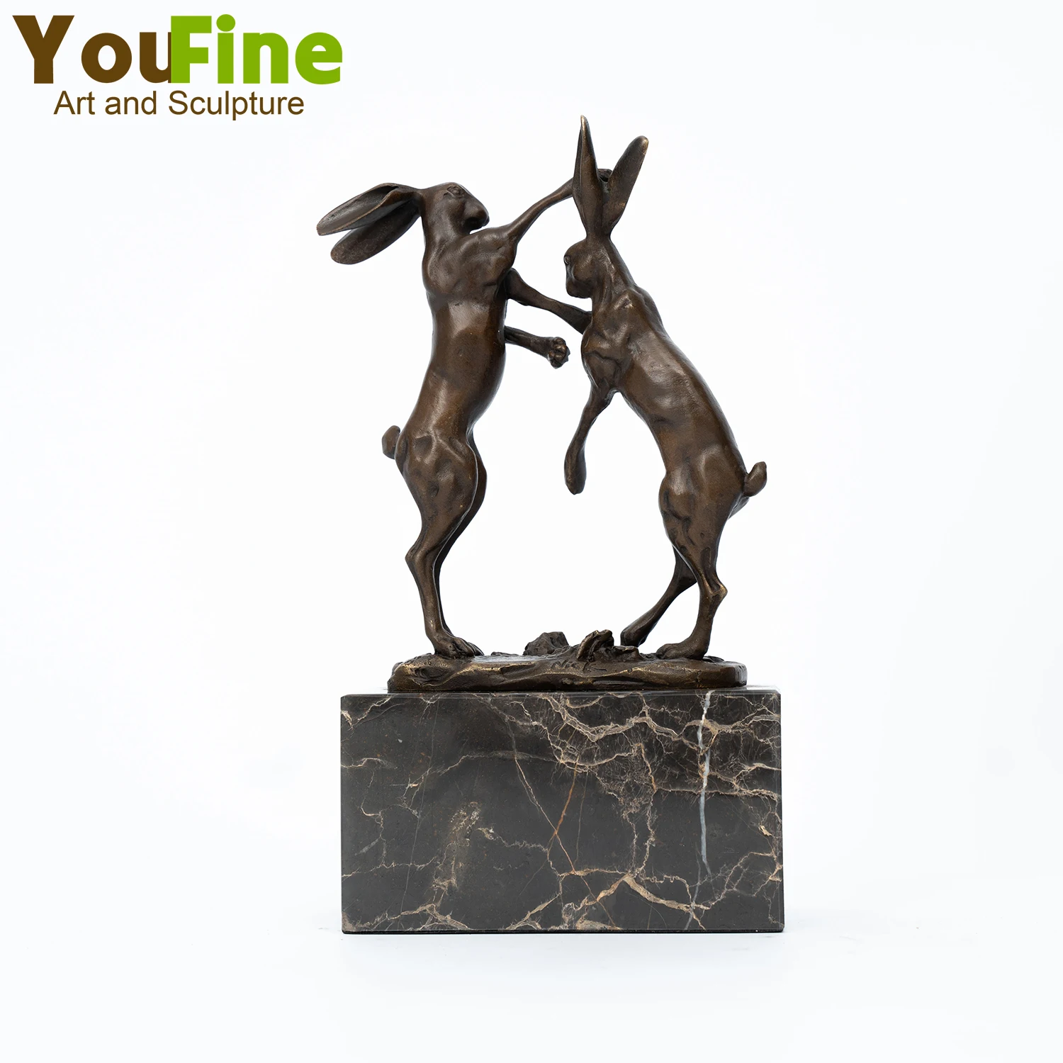 Bronze Rabbit Statue Bronze Boxing Rabbits Sculpture Vintage Hare Figurines With Marble Base Cute Ornament Home Decor Crafts