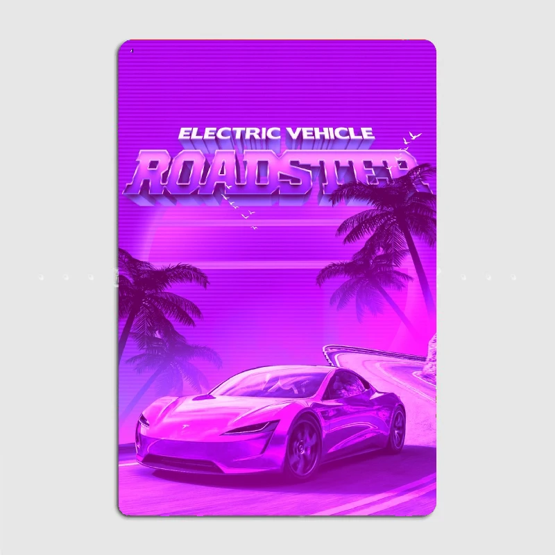 Tesla Roadster Synthwave Metal Plaque Cinema Living Room Kitchen Decoration Plaques Tin Sign Posters