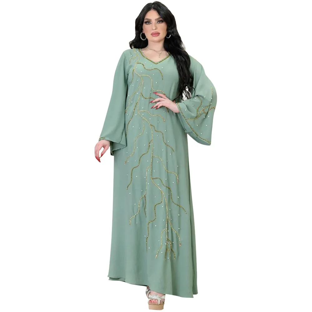 Imagem -03 - Muçulmano Médio Oriente Arábia Saudita Vestido Strass Miçangas Frouxos Robes Alargamento Mangas Dubai Abaya Turbante Mujer Elegante