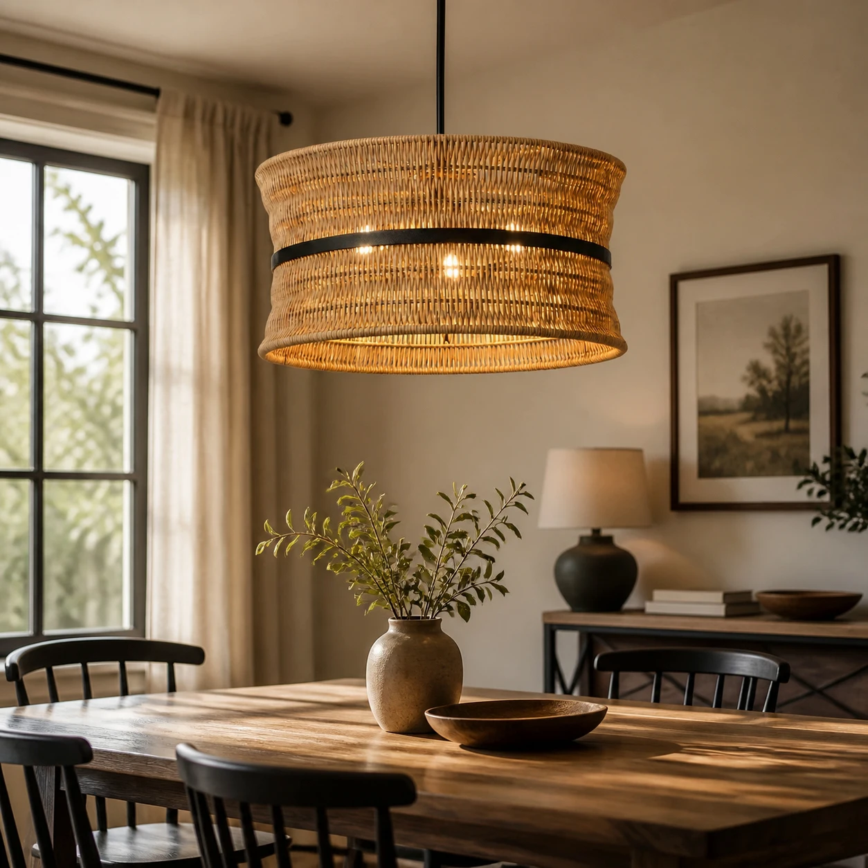 Wicker Boho Chandelier, 4-Light Coastal Rattan Pendant Light, 18