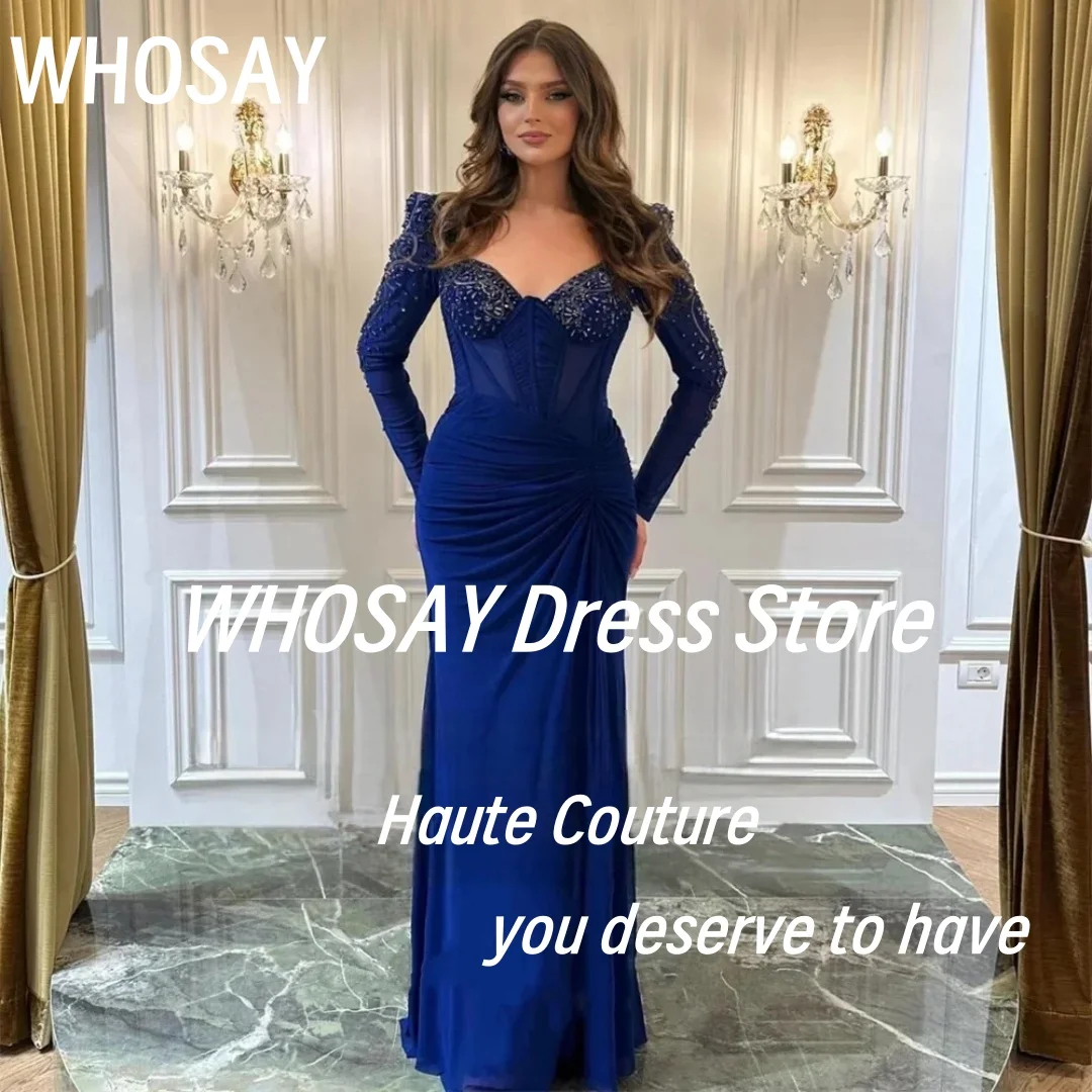 

WHOSAY Elegant Long Sleeve Prom Dresses Customized Beaded Square Neck Evening Gowns Ruched Special Occasion Bride Wear Dress