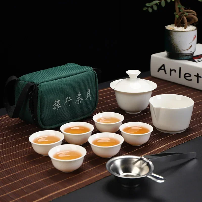 

Set Chinese Travel Kung Fu Tea Set Ceramic Portable Teacup Porcelain Service Gaiwan Tea Cups Mug of Tea Ceremony Teapot