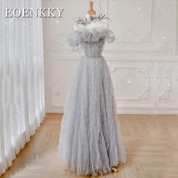 Formal Grey Off Shoulder Prom Dresses Fairy Tulle A Line 3D Flowers Wedding Party Dress With Belt Boat Neck Backless فساتين سهرة