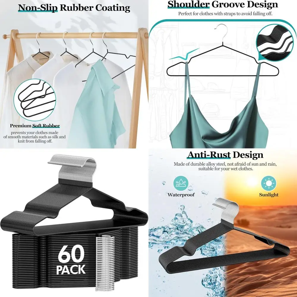 

16 сверхпрочных нескользящих металлических вешалок с резиновым покрытием для платьев, бретелей, брюк, пальто и рубашек — компактные, черные