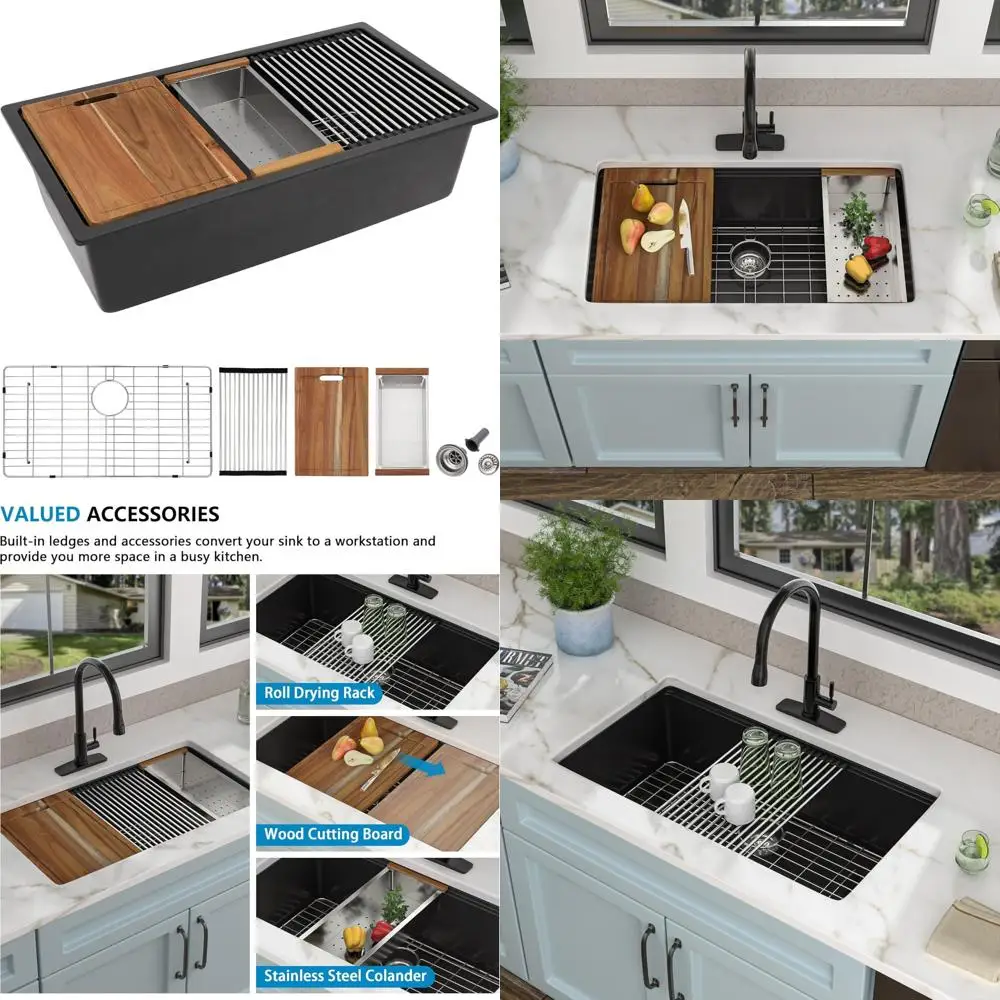 

Fulori 33-inch by 19-inch Matte Black Quartz Granite Composite Undermount Kitchen Sink with Ledge Workstation