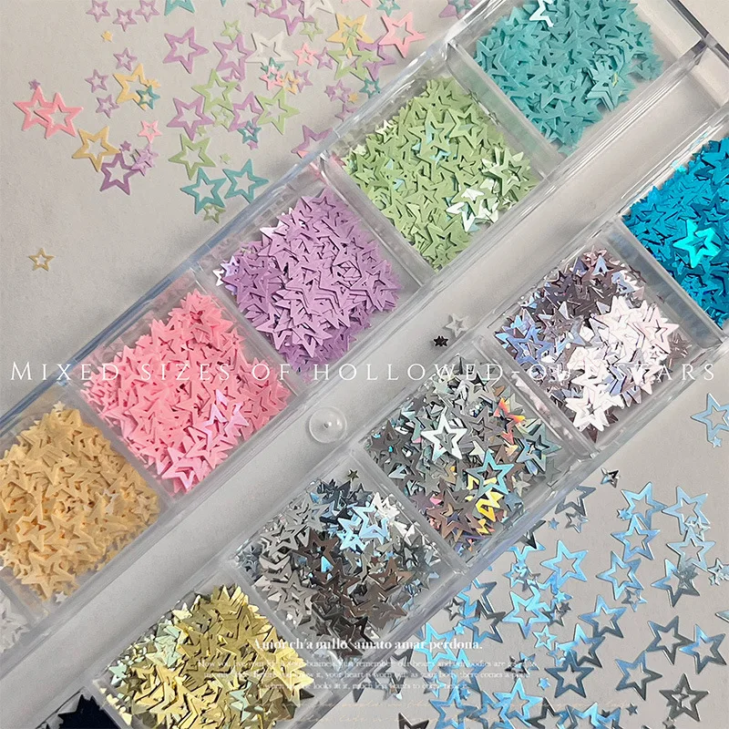LYLE Hot Trendy Hollow Star Glitter Sequins Ultra Thin Macaron Colorful Five Pointed Star Nail Art Stickers DIY Decor Charms Set
