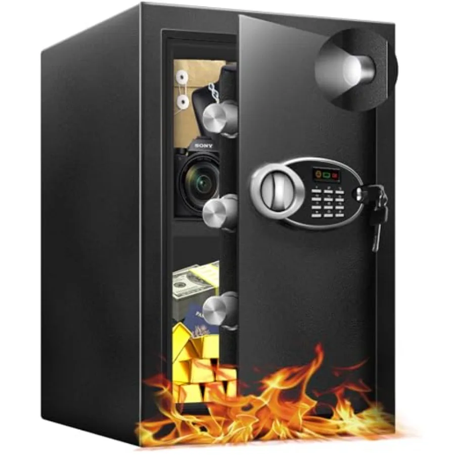 

Fireproof waterproof steel safe box for documents, 16.54 tall, black, digital keypad with emergency battery and combination loc