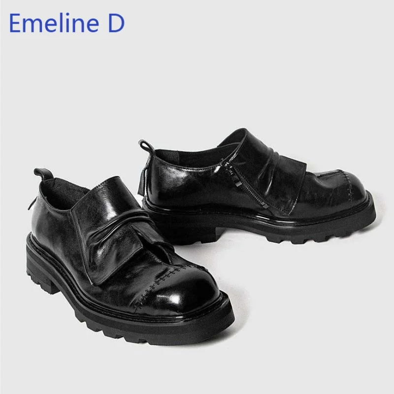 Men Platform Dress Shoes Round Toe Glossy Leather Upper Side Zipper Strap Design Thick Sole Hand Stitching Daily Fashion Shoes